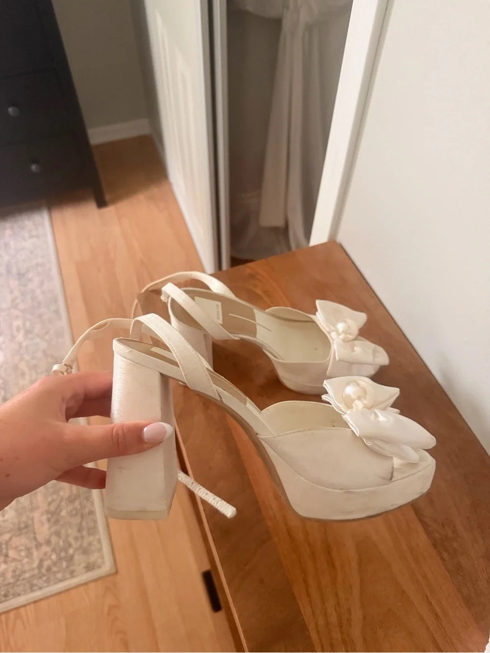 Dolce Vita Ivory Satin Platform Heels with Bow & Pearl